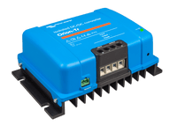 Isometric view of the blue Victron 360W isolated DC-DC converter showing mounting flanges