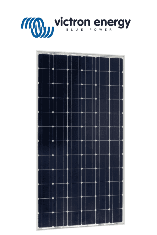 Front view of a Victron 360W monocrystalline solar panel with a silver aluminium frame and dark blue cells