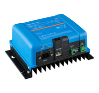Angled view of the Victron 36V 15A battery charger with black side heatsinks