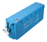 Angled view of the slimline 48V 100Ah Victron lithium battery in its signature blue enclosure
