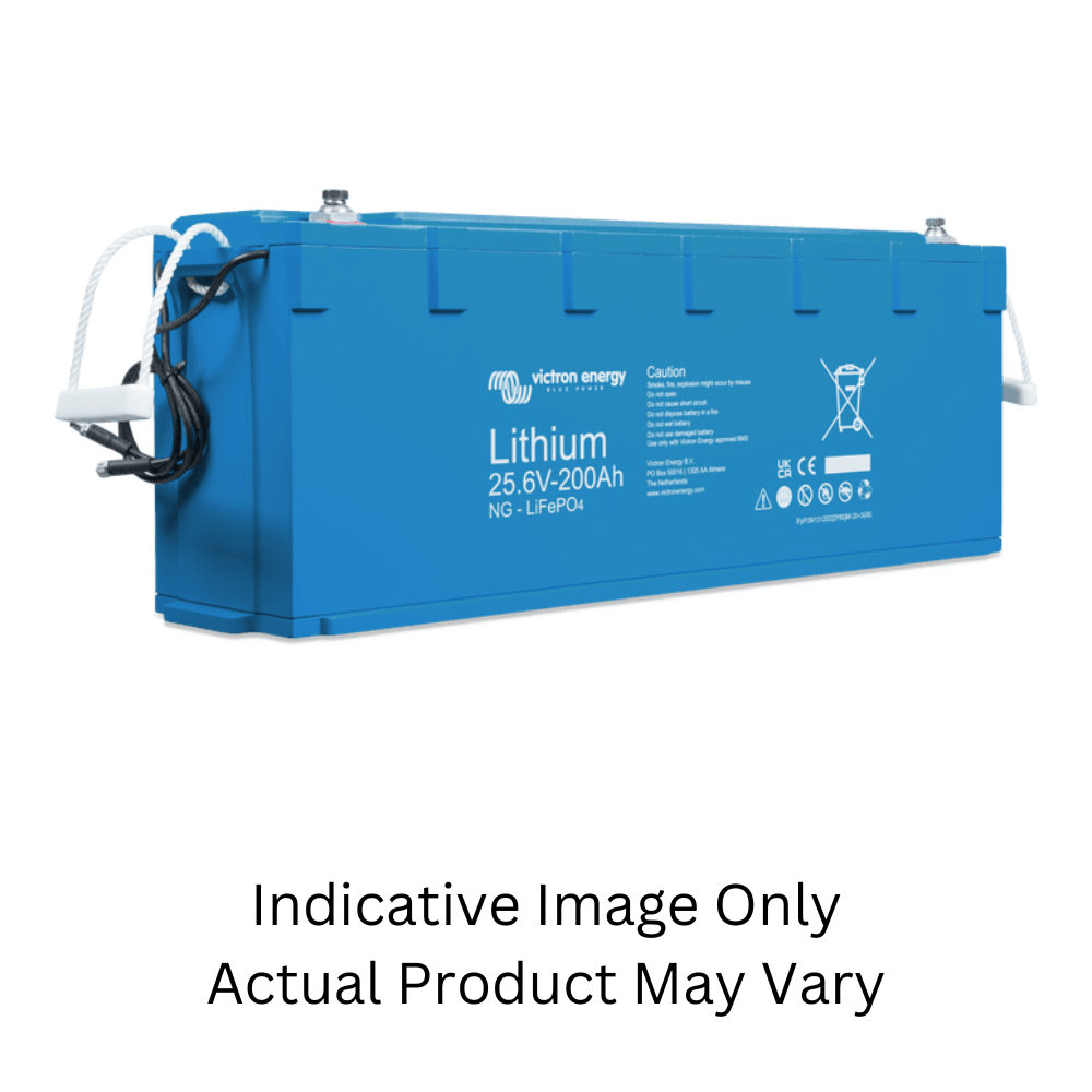 Side perspective of a blue lithium battery with BMS communication cables and rope handle