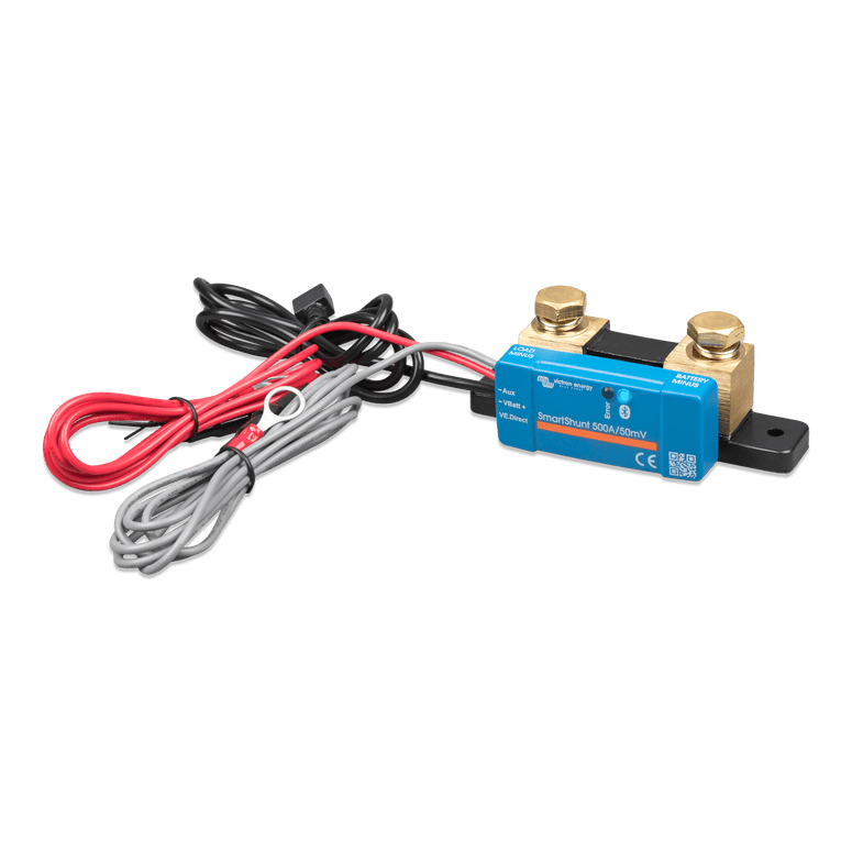 Angle view of Victron SmartShunt 500A with included red and grey fused connection cables