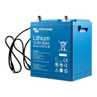Angled view of 12V 50Ah smart lithium battery showing blue protective casing and top terminals
