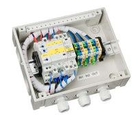 Internal view of Victron 5KVA transfer switch showing contactor, wiring and labelled terminal blocks