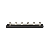 Side view of a 150A 6-terminal busbar with stainless steel studs and black ABS base