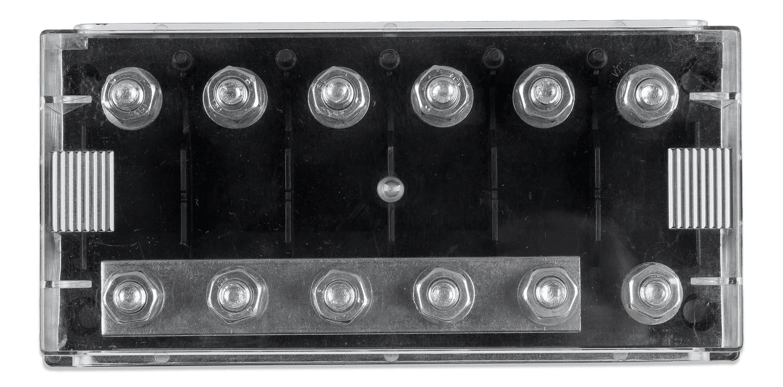 Top-down view of a Victron 6-way MEGA-fuse holder with clear cover