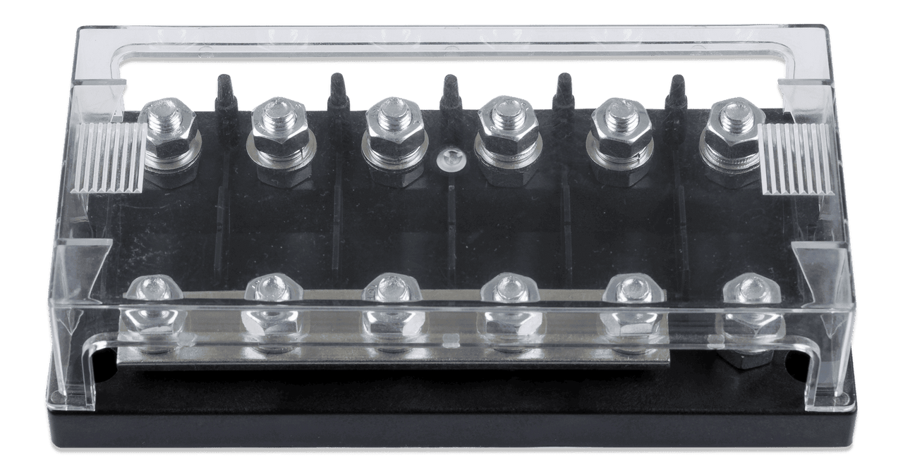 6-way MEGA-fuse holder with clear protective cover and black ABS base