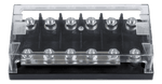 6-way MEGA-fuse holder with clear protective cover and black ABS base