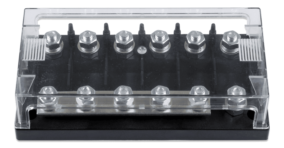 6-way MEGA-fuse holder with clear protective cover and black ABS base