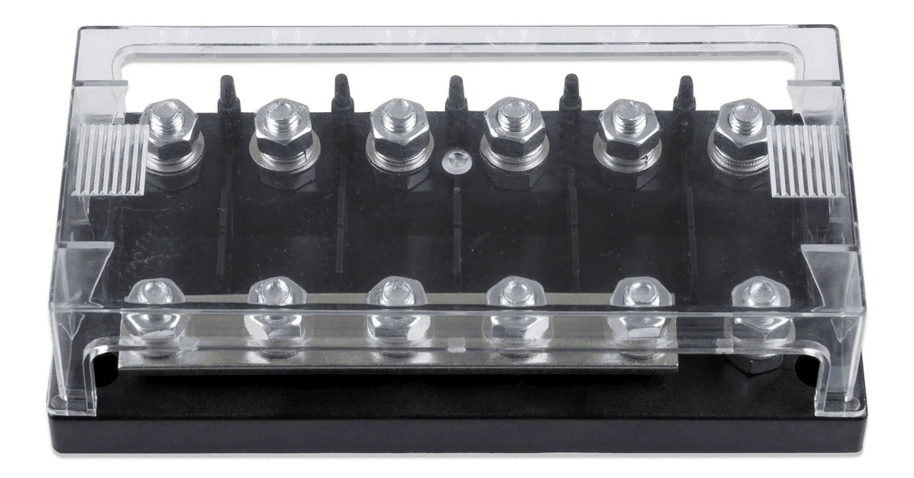 6-way MEGA-fuse holder with clear protective cover and black ABS base