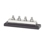 Victron 600A busbar with four stainless steel terminal studs and tin-plated copper bar on a black ABS base
