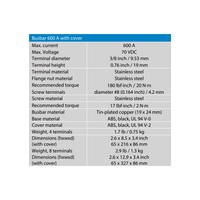 Specifications table for Victron 600A busbar detailing current, voltage and material specs