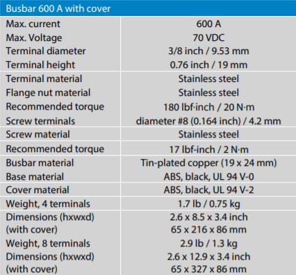 Technical specifications table for Victron 600A busbar including terminal sizes and torque values