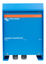 Front view of blue Victron Energy 8000W 230V isolation transformer in aluminium enclosure