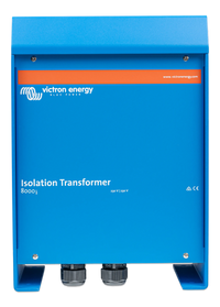 Front view of blue Victron Energy 8000W 230V isolation transformer in aluminium enclosure