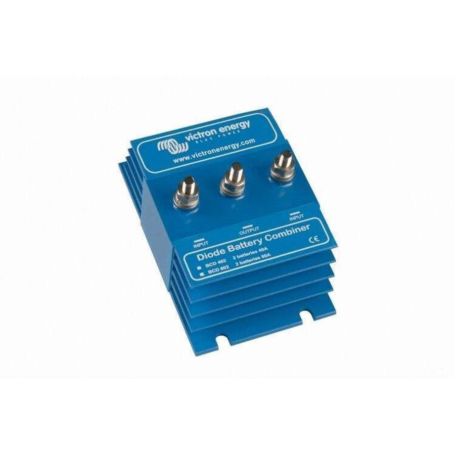 Perspective view of the 80A Victron diode battery combiner showing the robust metal enclosure