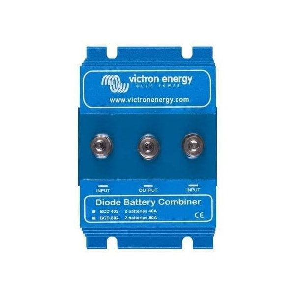 Front view of blue Victron Diode Battery Combiner with three M6 bolt terminals and cooling fins