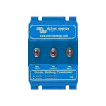 Front view of blue Victron Diode Battery Combiner with three M6 bolt terminals and cooling fins