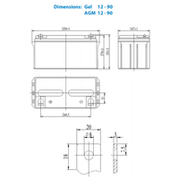 Dimensional drawing of the Victron 90Ah AGM battery showing width, height and terminal details