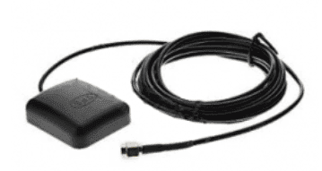 Black active GPS antenna module featuring a long integrated coaxial cable and a threaded SMA connector
