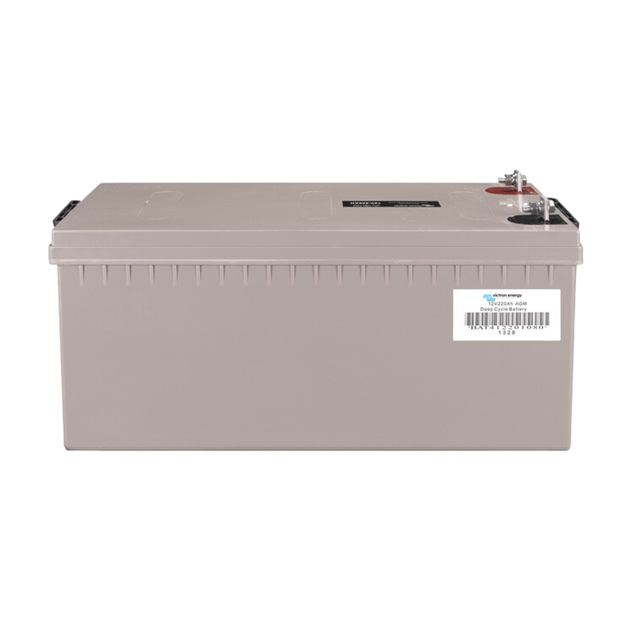 Rear side of the 12V 220Ah AGM battery with product barcode and SKU label