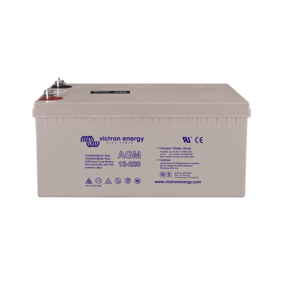 Perspective view of the 220Ah AGM battery showing the top casing and recessed terminals