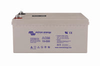 Front view of Victron 12V 220Ah AGM battery showing technical specifications and compliance marks