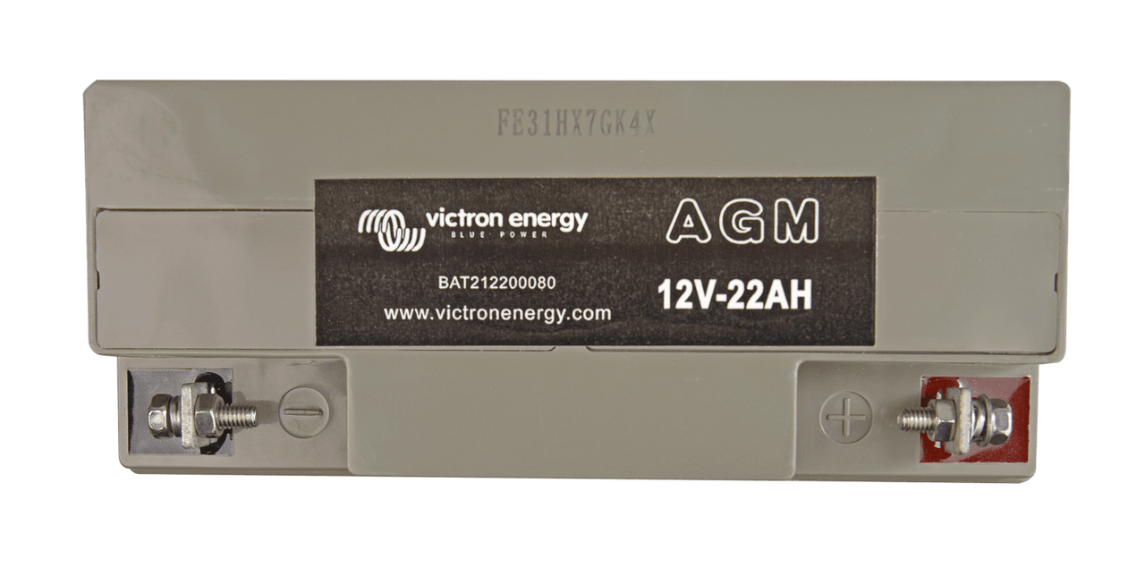 Top-down view of Victron AGM battery showing positive and negative screw terminals and polarity markings