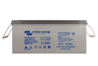 Front view of the grey Victron AGM 12-230 Super Cycle battery showing product details and specifications