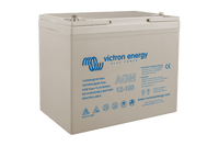 Angled perspective of the Victron 12V 100Ah AGM Super Cycle battery showing terminal placement and compact design