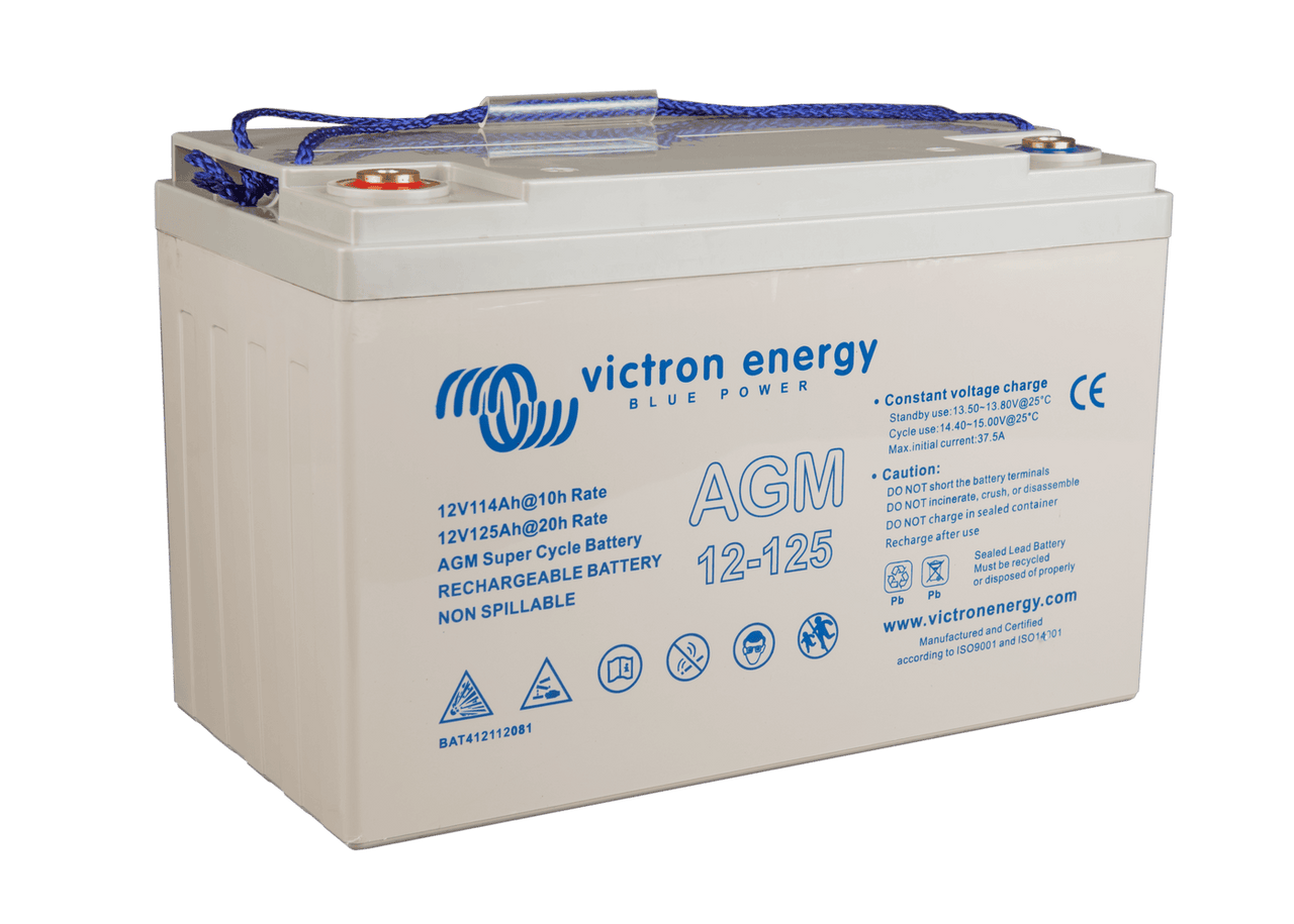 Perspective view of Victron 12V 125Ah AGM Super Cycle battery showing top and side