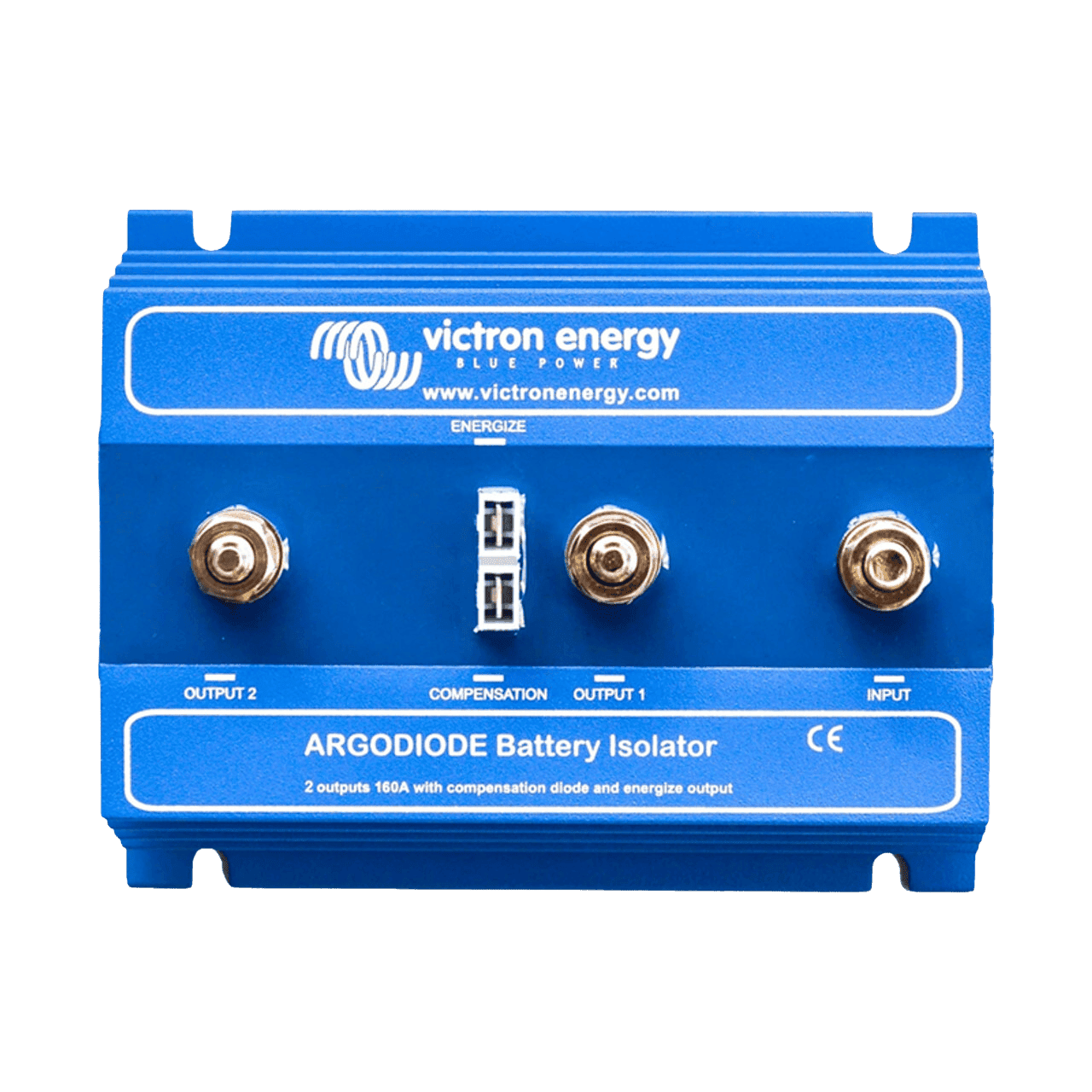 Blue Victron Argodiode 160A battery isolator with three large studs and central blade terminals