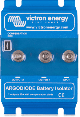 Victron Argodiode 80A battery isolator with blue finned heat sink and three M6 threaded studs
