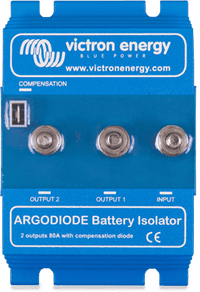 Victron Argodiode 80A battery isolator with blue finned heat sink and three M6 threaded studs