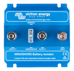 Top view of a blue Victron Argodiode battery isolator with three M8 screw terminals and central plug