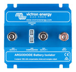 Top view of a blue Victron Argodiode battery isolator with three M8 screw terminals and central plug