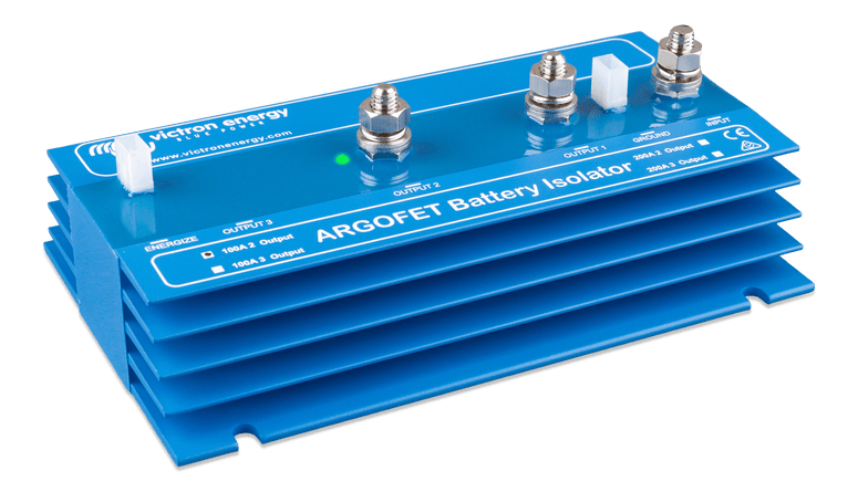 Right perspective view of the Victron Argofet 100A battery isolator showing terminal layout