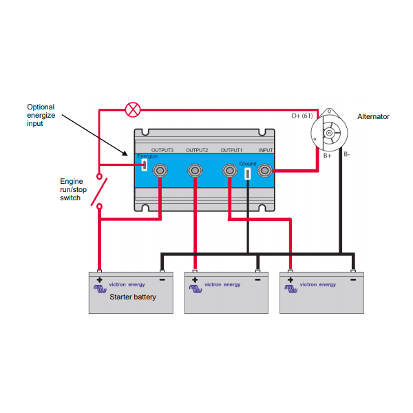 Installation schematic for Argofet battery isolator showing alternator and battery bank wiring
