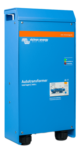 Left side perspective of heavy-duty Victron 100A autotransformer showing side mounting holes