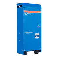 Angled view of a blue 50A autotransformer enclosure with status LEDs and an integrated circuit breaker