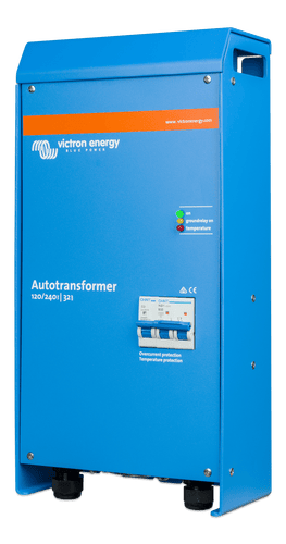 Left-angled front view of the 32A Victron Autotransformer in its blue powder-coated enclosure