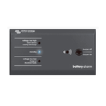 Front face of a grey Victron battery alarm panel with indicator LEDs and a buzzer switch