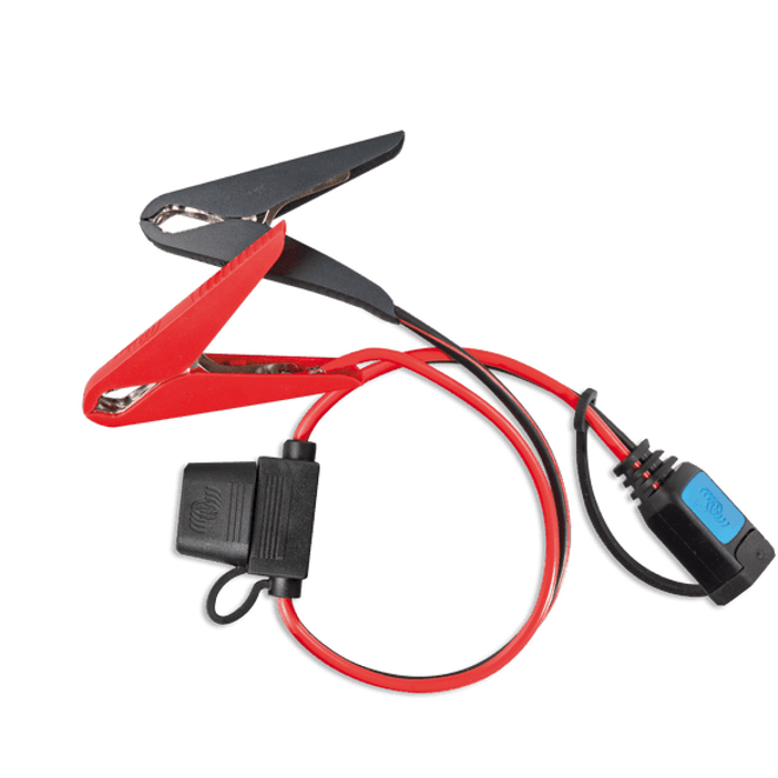 Red and black battery clamps with inline fuse and quick connector for Victron IP65 chargers