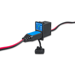 Victron battery indicator panel with status LEDs and charging cable plugged into the interface