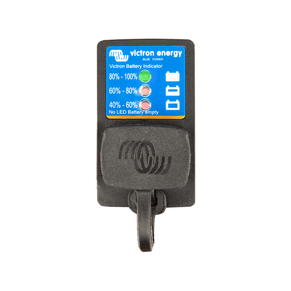 Front view of Victron battery indicator panel with the protective rubber cap closed