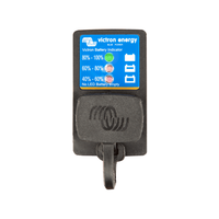 Front view of Victron battery indicator panel with the protective rubber cap closed