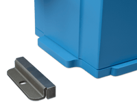 Close-up of a steel mounting bracket next to the blue lithium battery base