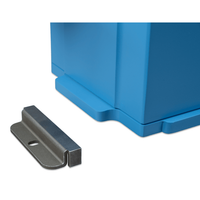 Close-up of a steel mounting bracket next to the blue lithium battery base