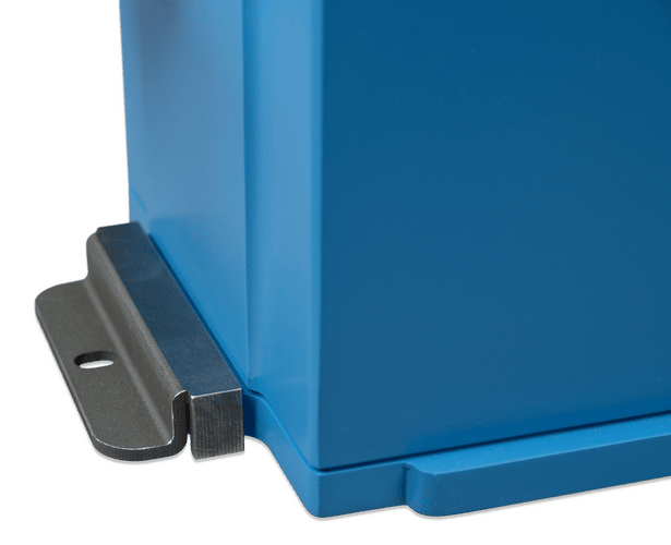 Close-up of a metal mounting bracket installed into the mounting channel of a lithium battery