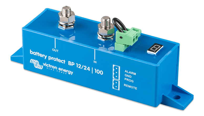 Angled front view of the blue Victron 100A low voltage disconnect unit